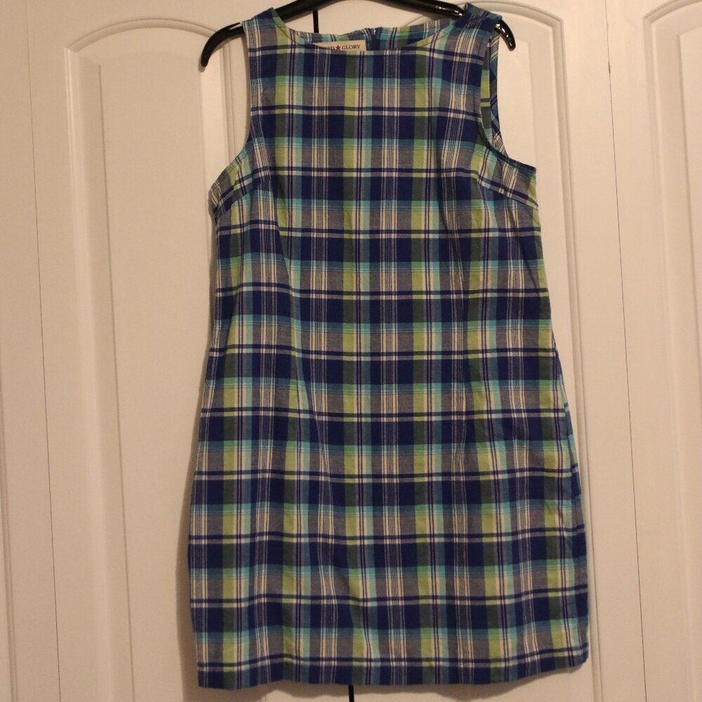 Faded Glory Jeans Company Sleeveless Shift Dress Plaid White/blue/green Cotton